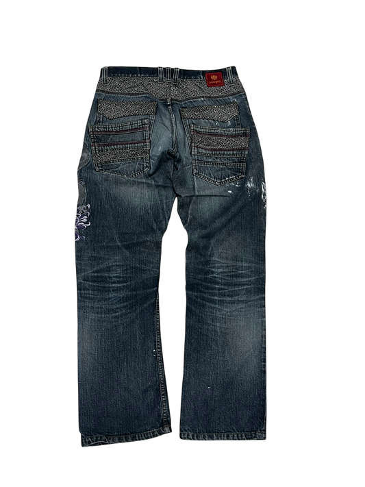 Japanese Denim Washed Baggy Jeans Embroidered Ikazuchi