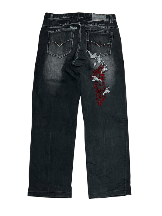 Japanese Denim Washed Baggy Jeans Embroidered