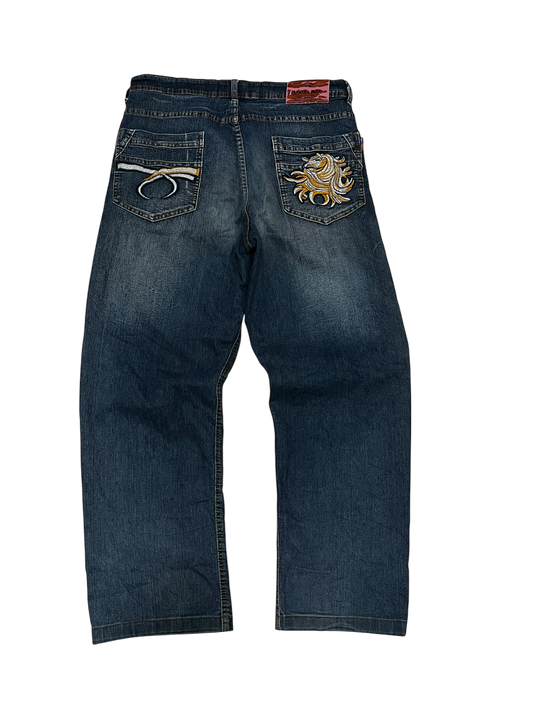 Japanese Denim Washed Baggy Jeans Embroidered Aoultom