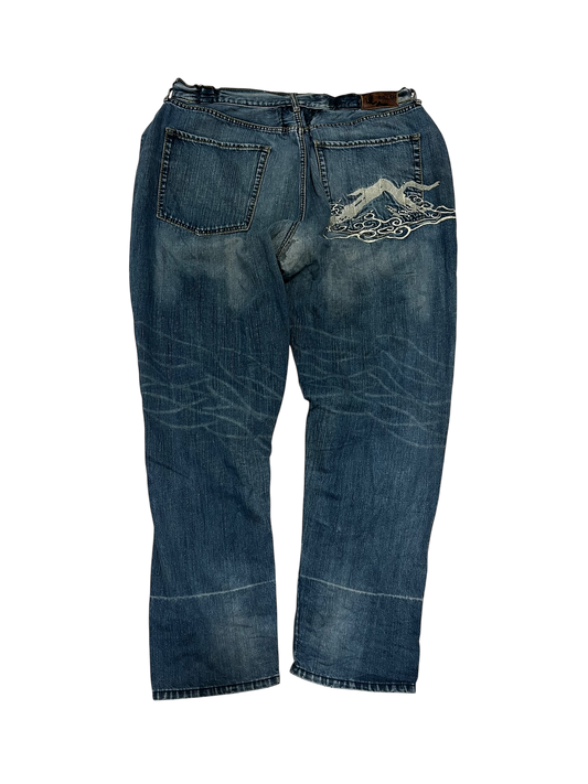 Japanese Denim Washed Baggy Jeans Embroidered Big Train