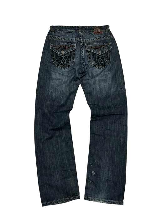Japanese Denim Washed Baggy Jeans Embroidered Ecko United