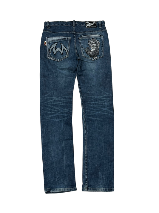 Japanese Denim Washed Baggy Jeans Embroidered Jizo