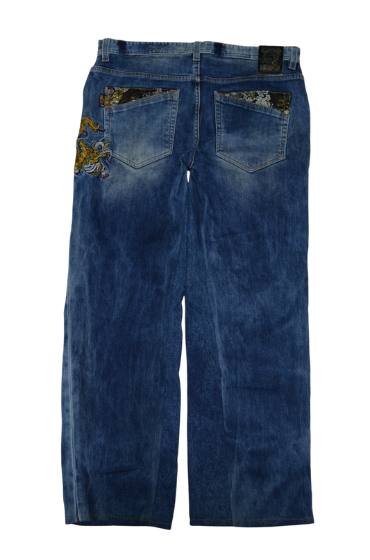Japanese Denim Washed Baggy Jeans Embroidered Jizo