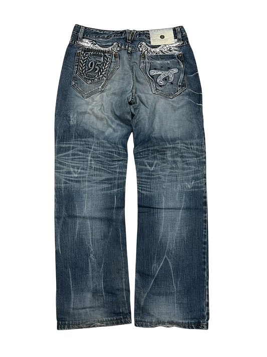 Japanese Denim Washed Baggy Jeans Embroidered Jqso