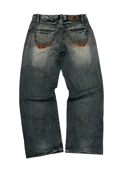 Japanese Denim Washed Baggy Jeans Embroidered Nippon Blue Flames