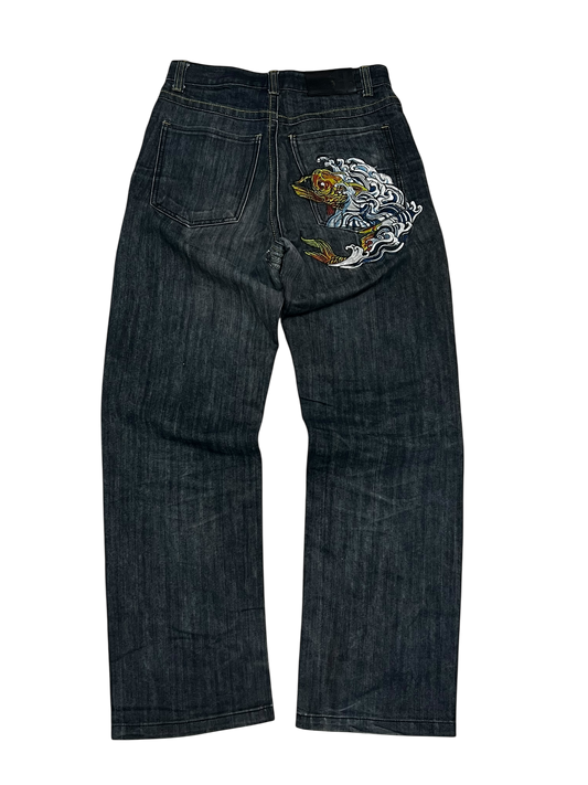 Japanese Denim Washed Baggy Jeans Embroidered Ros Revolution
