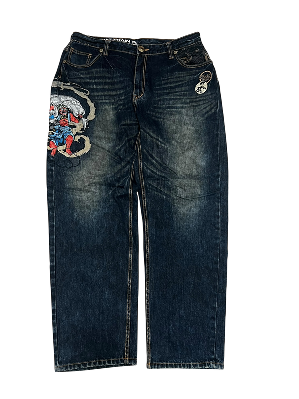 Japanese Denim Washed Baggy Jeans Embroidered Big Train Wolkenreiter