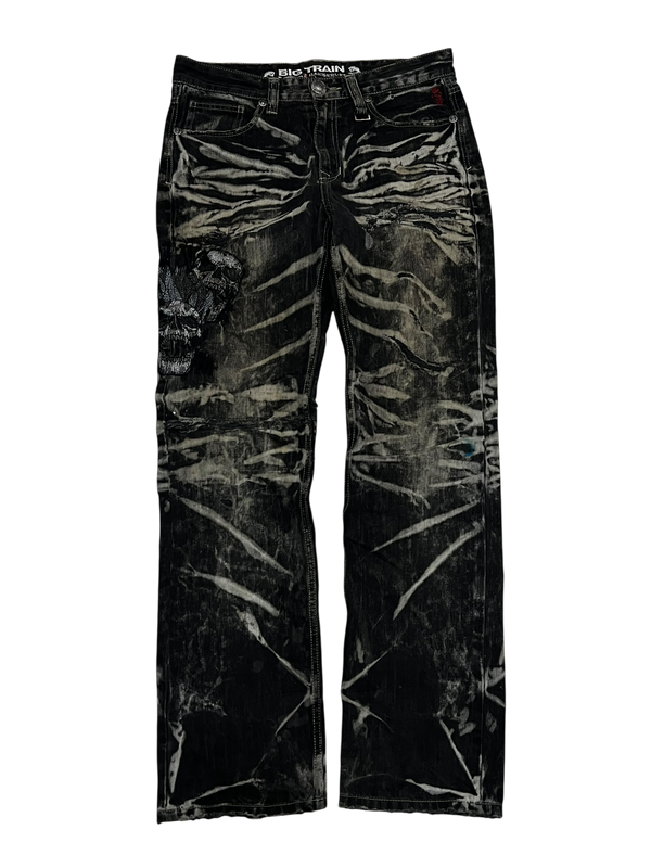 Japanese Denim Washed Baggy Jeans Embroidered Big Train Skull