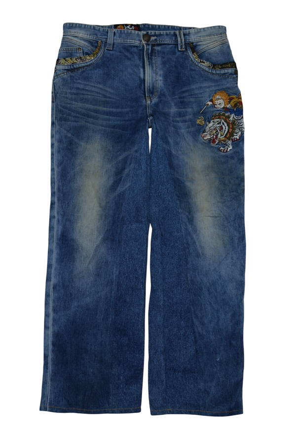 Japanese Denim Washed Baggy Jeans Embroidered Jizo