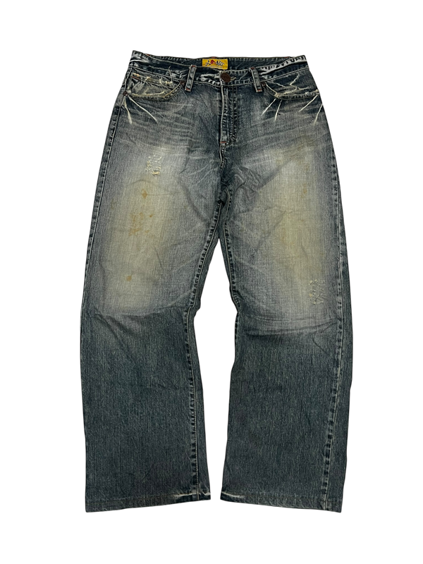 Japanese Denim Washed Baggy Jeans Embroidered Nippon Blue Flames