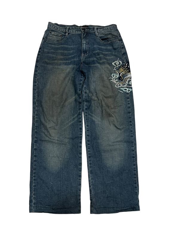 Japanese Denim Washed Baggy Jeans Embroidered Uncle Fashion